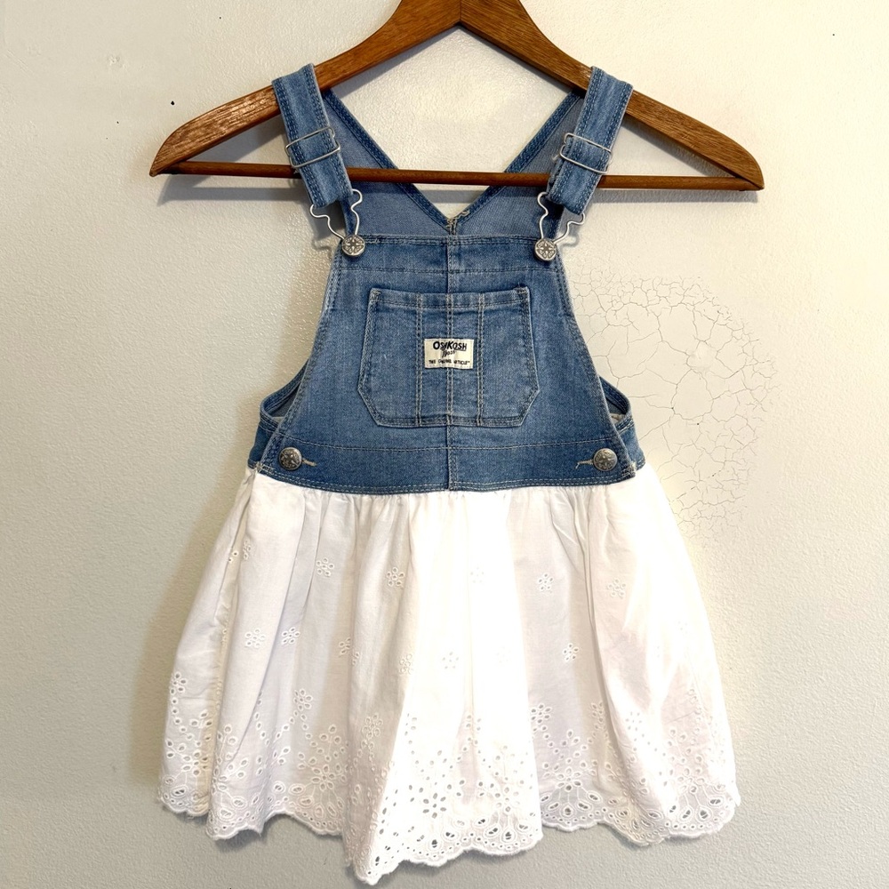 Oshkosh Bgosh Girl Toddler Denim White Eyelet Overall Dress Lined 3T Cottagecore